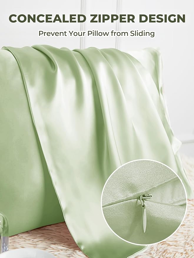 Mulberry Silk Pillowcase for Hair and Skin, SGMSILK 22 Momme Natural Silk Pillow Cases with Zipper, 6A Soft and Smooth Single Sided Pure Silk Pillow Cover (Matcha, King 20"x36")