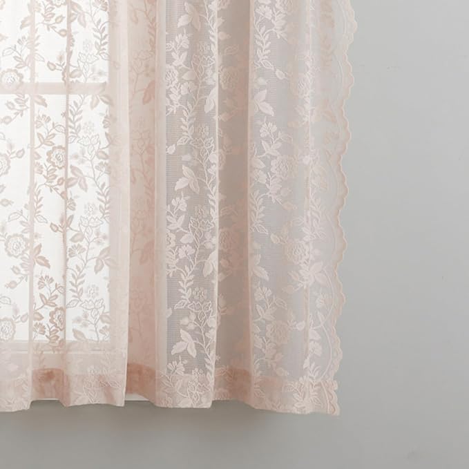 Short Blush Lace Curtains Rustic Leaf Floral W42 x L45 Inch 2 Panels | Rod - Image 6