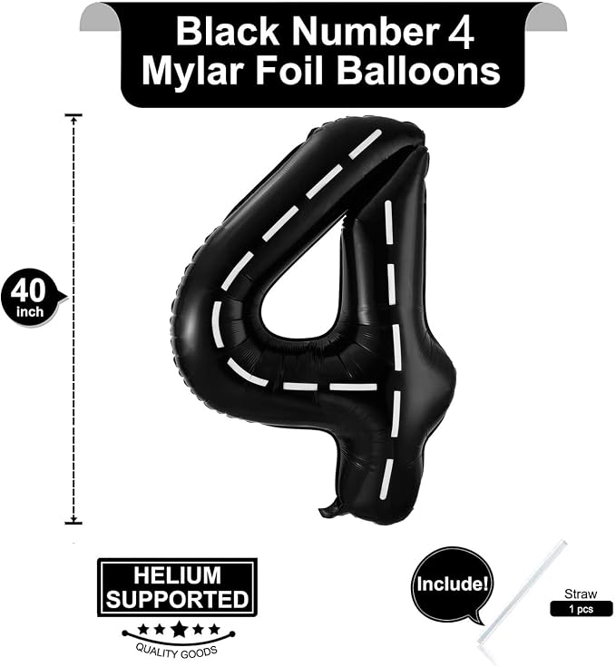 Race Car Number 4 Balloons, 40 Inch Racing Car 4 Birthday Balloons Two Fast - Image 2