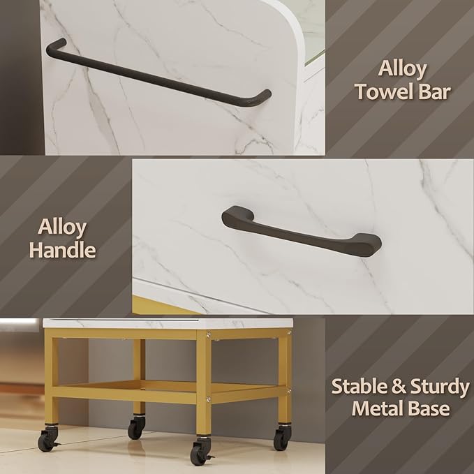 Salon Storage Trolley Cart, Rolling Barber Station w/Toughened Glass Top, Drawers, Hair Dryer Holders, Towel Rack, Locable Wheels for Hair Stylist, Salon Storage Equipment, White Marble