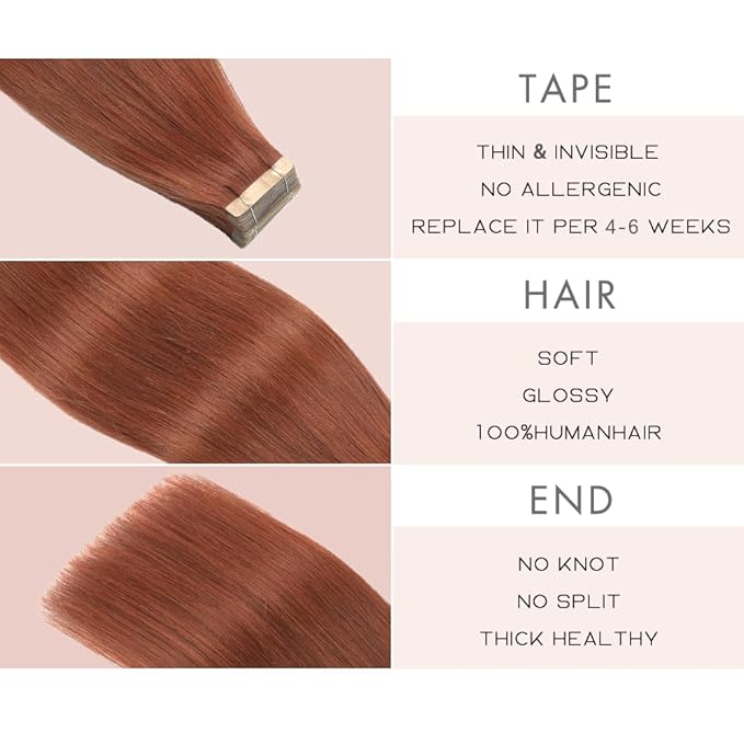 Auburn Brown Tape in Hair Extensions Human Hair, 20pcs 16 Inch Remy Hair Extensions Straight Human Hair Tape in Extensions Skin Weft Tape Extensions Human Hair (#A33,16 Inch)