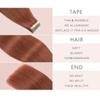 Tape in Hair Extensions Human Hair Auburn Brown Remy Hair Extensions 20pcs 14 Inch Straight Invisible Human Hair Tape in Extensions Skin Weft Tape Extensions Human Hair (#A33,14 Inch)
