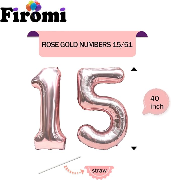 FIROMI 15 Foil Number Balloons Rose Gold 40-inch Big Mylar Balloon Numbers | - Image 2