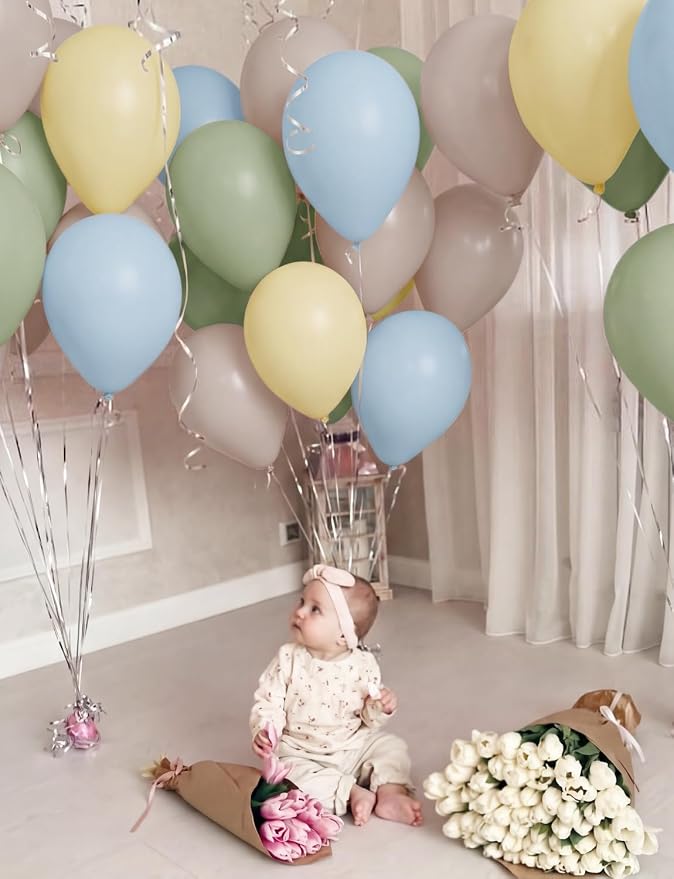 Sage Green Blue Yellow Balloons, Pastel Yellow Balloons, Sand White Balloons - Image 6
