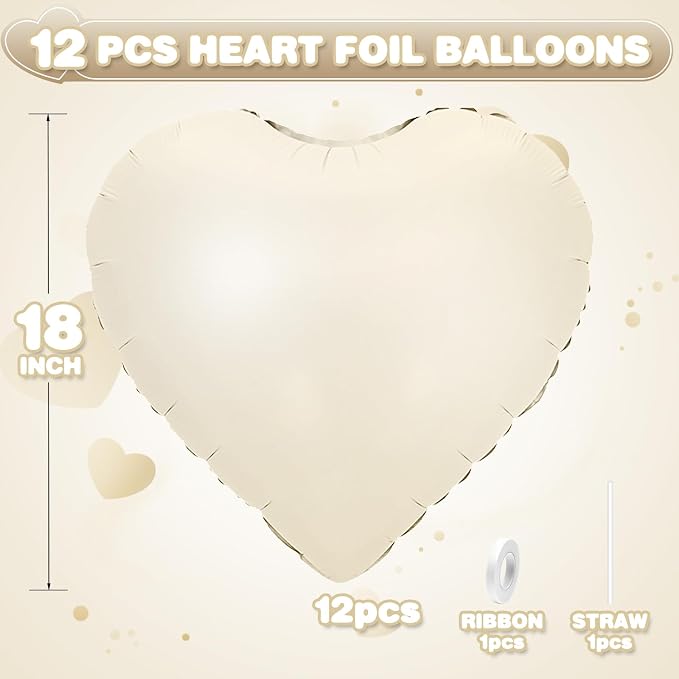 Cream White Heart Balloons, 18Inch Beige Helium Polyester Film Balloon - Image 2