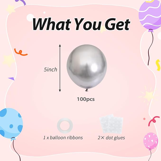 100pcs 5inch Metallic Silver Balloons, 5” Mini Chrome Silver Party Balloons Kit - Image 2