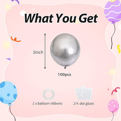 100pcs 5inch Metallic Silver Balloons, 5” Mini Chrome Silver Party Balloons Kit - Image 2