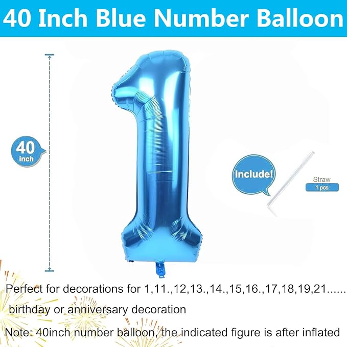 40 inch Blue Number Balloon Giant Foil Helium Balloons Blue Number 1 Balloon - Image 2