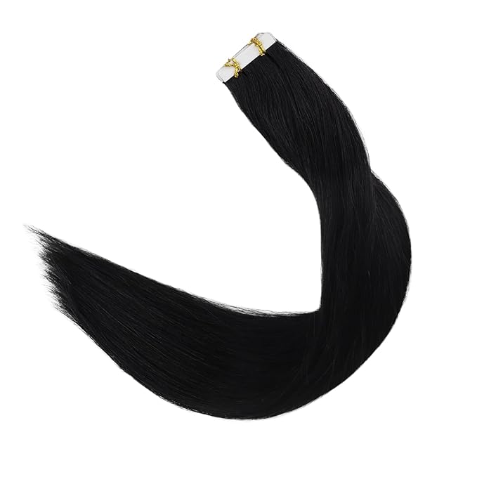 Full Shine Insert Virgin Tape in Hair Extensions Color Black Seamless Human Hair Tape in Extensions 25Gram Invisible Injection Tape Hair Extensions Real Human Hair 24Inch 10Pcs for Travel