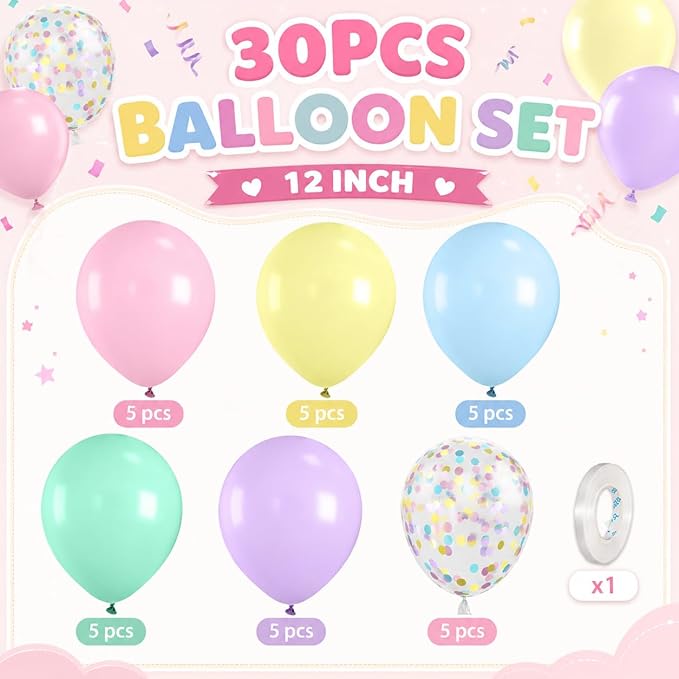 Pastel Balloons, 12 Inch Macaron Pink Yellow Purple Blue Green Latex and - Image 2