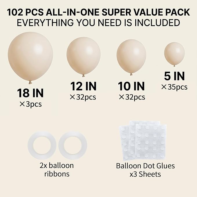 102pcs Sand White Balloons Garland Arch Kit, 18 12 10 5 Inch Balloons | - Image 2
