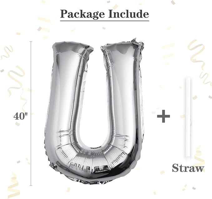 40 inch Silver Letter U Balloon, Big Size Alphabet Foil Mylar Helium Balloons - Image 2