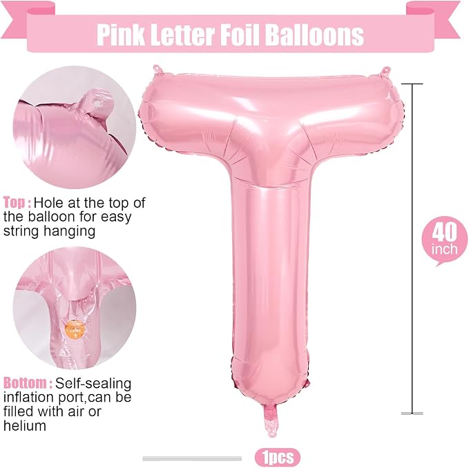 Pink Letter T Balloons, 40 Inch T Letter Balloon Light Pink, A to Z Alphabet - Image 2