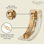 French Amie Broad Curved Oblong Ivory Cream Extra Wide Large Celluloid Acetate Automatic Volume Hair Clip Barrette with Golden Clasp for Women and Girls