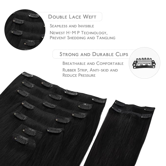 WENNALIFE Clip in Hair Extensions Real Human Hair, 20 Inch 150g 9pcs Jet Black Remy Hair Thicker Double Weft Extensiones De Cabello Humano Con Clip Ins Straight Full Volume