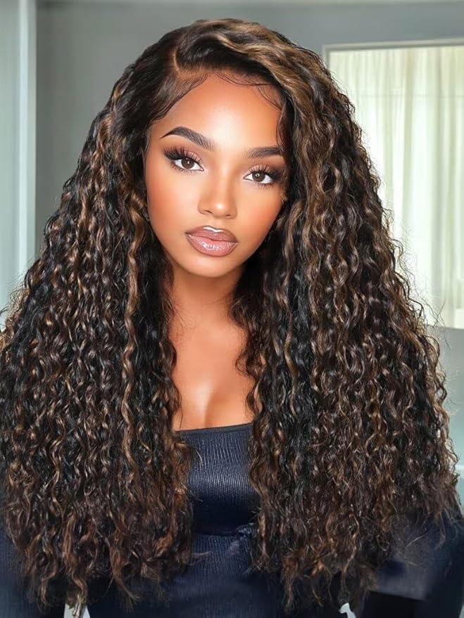 Julia Hair Golden Brown Highlight Water Wave and Jerry Curly Wig Mixed Curls 13X4 Lace Front Pre Everything Wigs Glueless Human Hair Lace Frontal with Invisi Drawstring Ready to Go 18 Inch