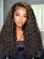 Julia Hair Golden Brown Highlight Water Wave and Jerry Curly Wig Mixed Curls 13X4 Lace Front Pre Everything Wigs Glueless Human Hair Lace Frontal with Invisi Drawstring Ready to Go 22 Inch
