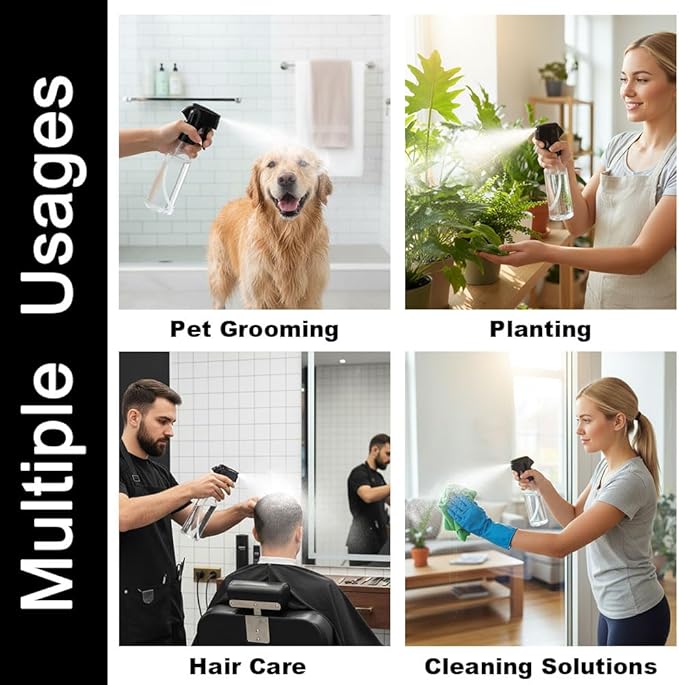 Plastic Spray Bottles 12oz Continuous Spray Bottle Mist Spraying Heavy Duty Empty Water Spray Bottles for Hair, Cleaning Solutions, Plants，Essential Oils 2 Pack (Clear-2pcs)