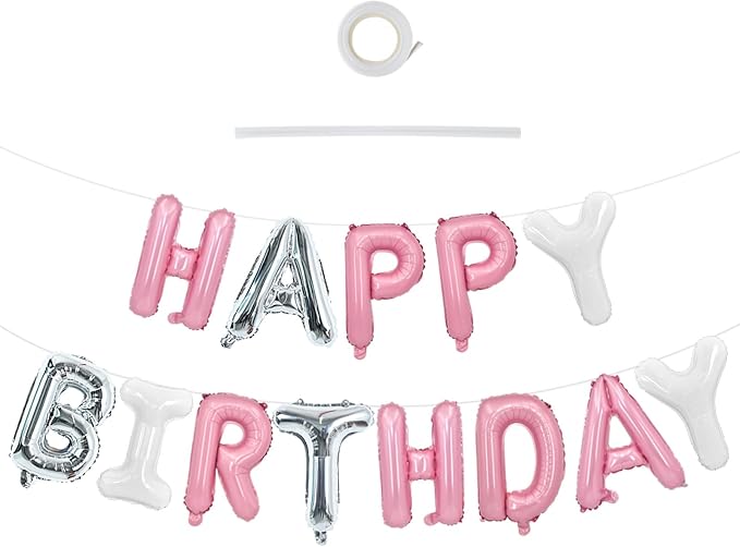 TONIFUL Pink Silver White Happy Birthday Balloons Banner Decor by TONIFUL
