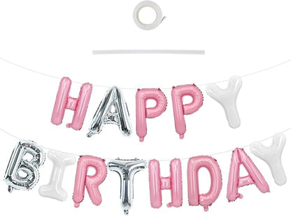TONIFUL Pink Silver White Happy Birthday Balloons Banner Decor by TONIFUL
