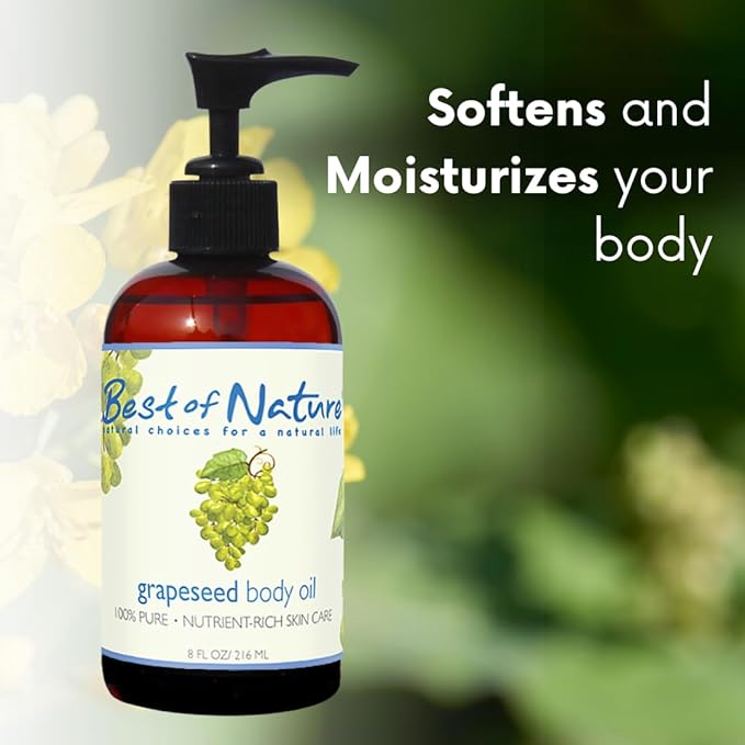 Best of Nature 100% Pure Grapeseed Massage & Body Oil, Unscented Lightweight Non-Greasy Moisturizer for Hair, Skin, Face, & Aromatherapy Carrier Oil for Essential Oils, 8 oz.