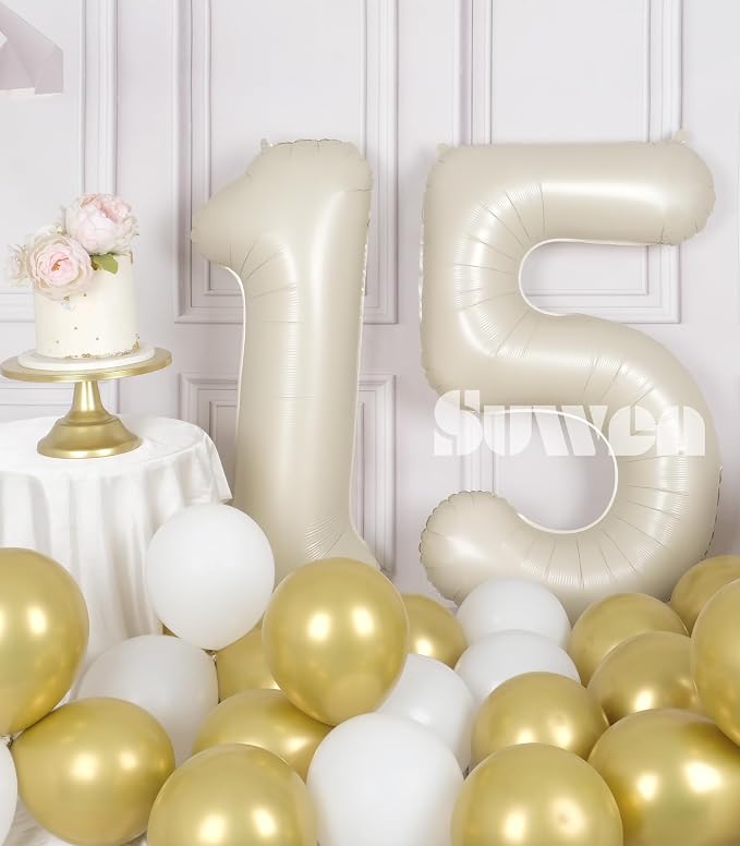SUWEN 40 Inch Cream White Large 15 Number Balloons Big Foil Helium Number - Image 2