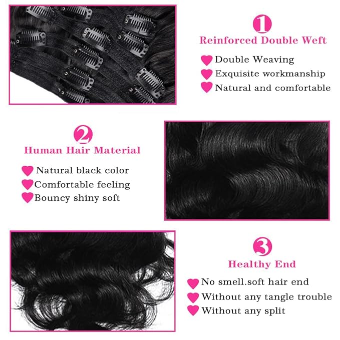 Body Wave Clip in Hair Extensions Real Human Hair, 8Pcs Remy Human Hair Clip in Extensions for Women, Natural Soft Human Hair, 120g 14inch #1B Natural Black
