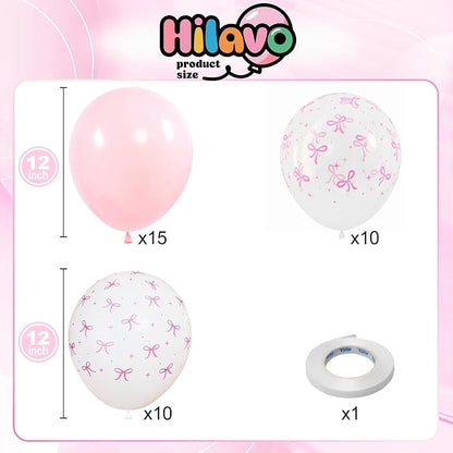 HILAVO Pink Bow Balloons, 12 Inch Pastel Light Pink Transparent White Bow Print - Image 2
