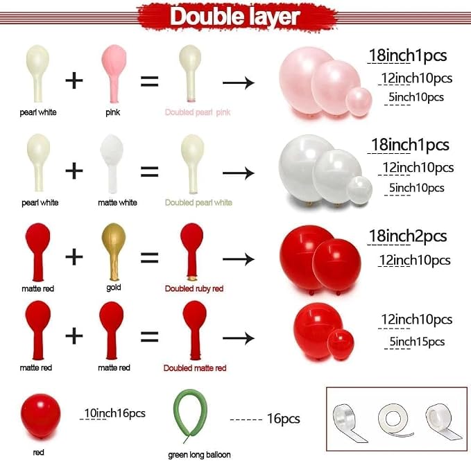 Red Pink Balloon Arch Double Stuffed Latex Pink White Pearl Balloons Red Green - Image 3