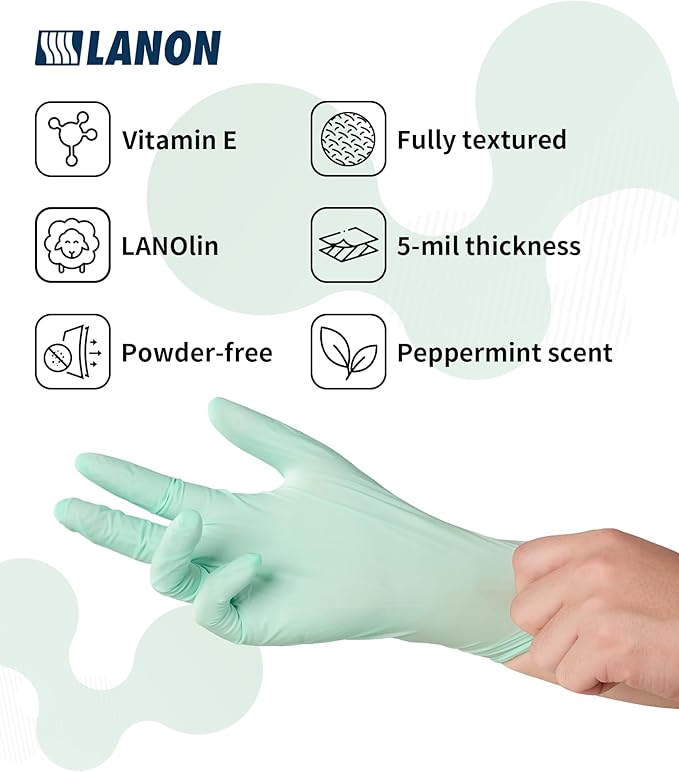 LANON 5 mil Vitamin-E Coated Latex Disposable Gloves, Food-Contact Grade, Fully Textured, Green, Small