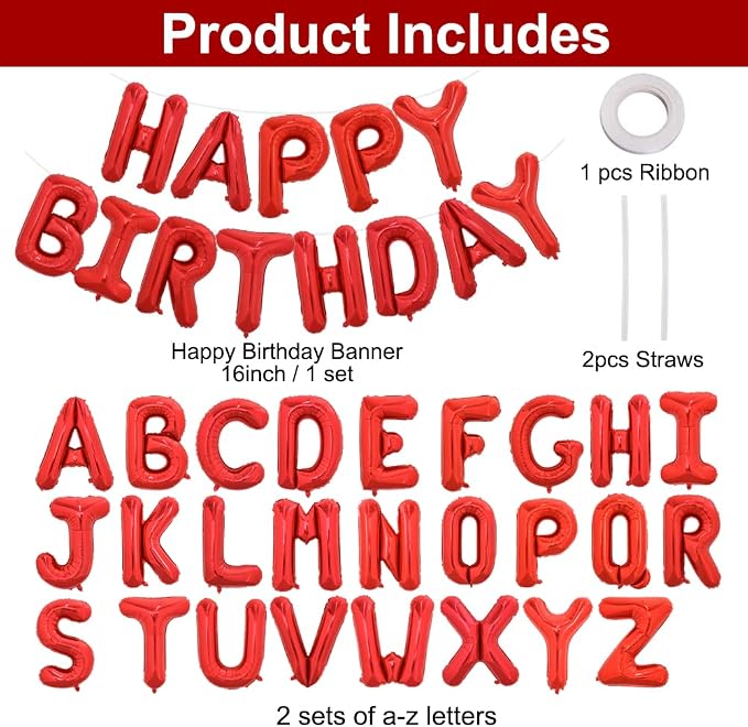 TONIFUL 65 Pcs 16 Inch Red Happy Birthday Balloons and 2 Sets A-Z Foil Letters - Image 2