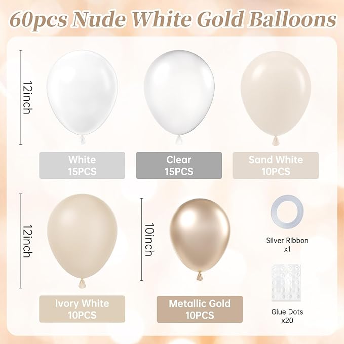 60pcs 12inch Beige White Gold Balloons, Metallic Gold Sand White Cream Beige - Image 2