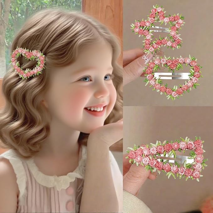 13PCS Mixed Floral Hair Clip Set - 3 Camellia Claws (Pink/Blue/White), 2 Pink-Green Tulle Clips, 6 Flower Barrettes (Heart/Star), 2 Pearl Mesh Clips, Claw Clip Accessories For women/girls