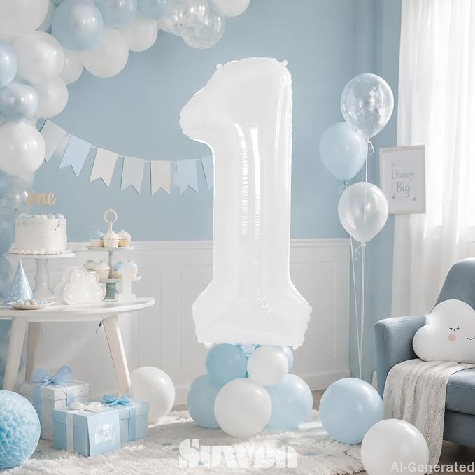 SUWEN 40 Inch White Large 1 Balloon Number Big Foil Helium Numbers 0-9 | Giant - Image 2
