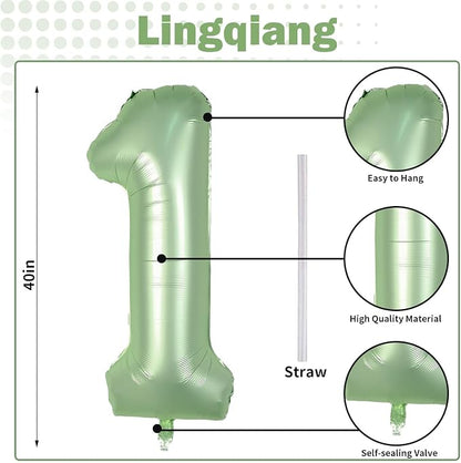 Sage Green 1 Balloons, 40 Inch Giant Olive Green Helium Foil Number 0-9 - Image 2