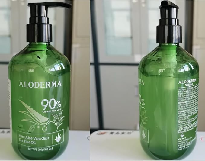 Aloderma Organic Aloe Vera Gel for Skin + Tea Tree Oil, Made within 12 Hours of Harvest, Soothing Pure Aloe Vera Gel for Face, Works Great for Oily Skin, Dry Scalp, Aftershave, Natural Aloe - 10.6 Oz