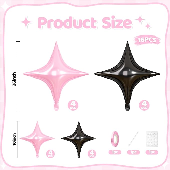 Pink Black Star Balloons, 26 Inch and 10 Inch Pink Stars Shaped Balloon - Image 2