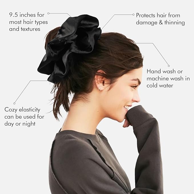 9.5 inch Silk Scrunchies Oversized Scrunchie Jumbo Scrunchies Giant Silk Scrunchie Extra Large Satin Thick Elastic Fluffy Hair Ties for Women and Girls 3 Pack (Black)