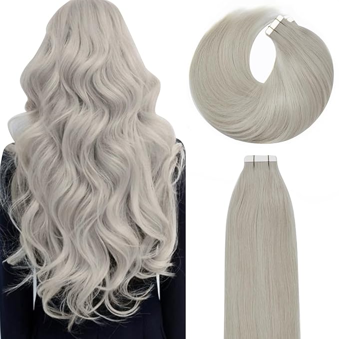 Lacer Hair Extensions Tape in Human Hair Real Hair Silver Seamless Skin Wefts Tape-on Remy Hair Extensions Light Grey Tape in Hair Extensions Invisible Double Sided Tape Ins 16 Inch 20Pcs