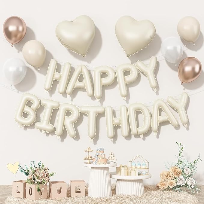 Happy Birthday Balloon Banner Cream, 16 Inch Beige Mylar Letters Heart Foil - Image 8