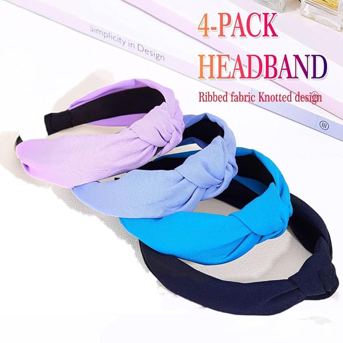 Wide Knotted Headbands, Non-Slip Hair Accessories for Women, 4-Pack (Navy Bright Blue Baby Blue Lavender)