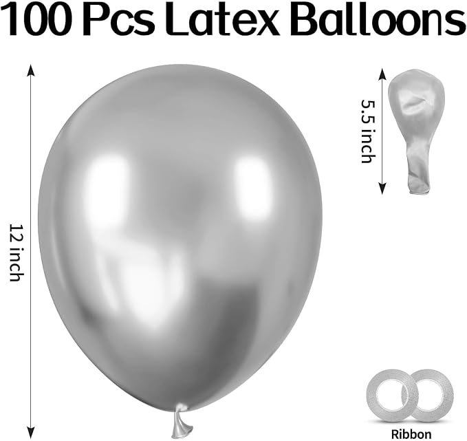 100pcs Metallic Silver Balloons 12 Inch Chrome Round Helium Balloons | Silver - Image 2
