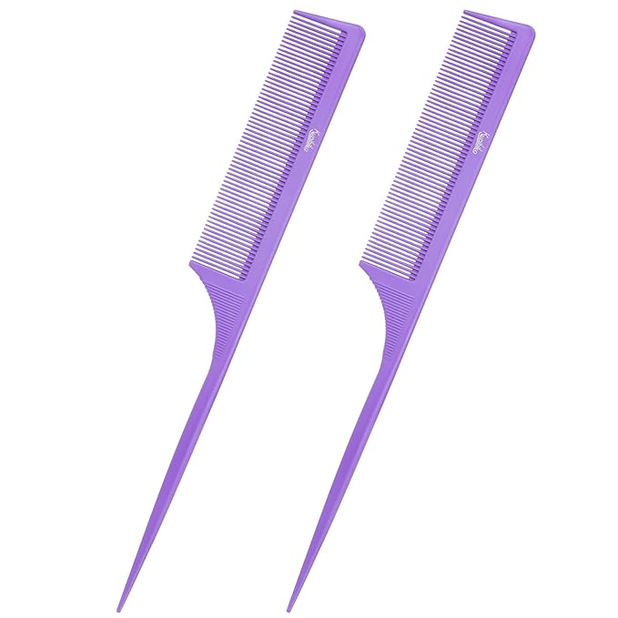 Rat Tail Comb for Women: 2Pcs Purple Fine Tooth Parting Tip Carbon Fiber Root Teasing Anti Static Hair Comb