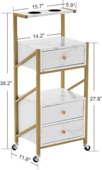BarberPub Salon Trolley Cart with Wheels Rolling Cart Barber Station with Drawers Marbled Board for Beauty Salon Makeup Storage with 2 Hair Dryer Holders 2042 (White)
