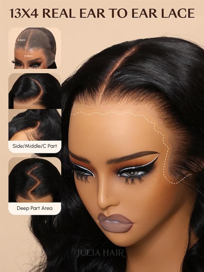 Julia Hair Body Wave Glueless 13x4 Lace Front Wigs Human Hair 12A Pre Cut Lace Frontal Wig Pre Bleached Bye Bye Knots Pre Everything Put on and Go 180% Density Fast Wear Wigs Natural Color 20 Inch