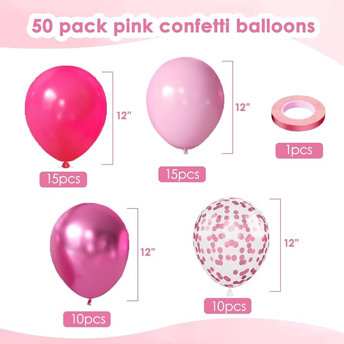 Hot Light Metallic Pink Confetti Balloons 50 Pcs 12 Inch | Princess Barbie Pink - Image 2