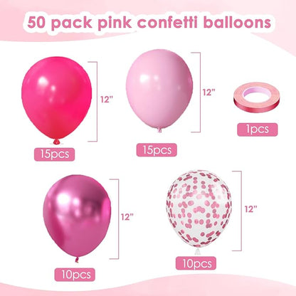 Hot Light Metallic Pink Confetti Balloons 50 Pcs 12 Inch | Princess Barbie Pink - Image 2