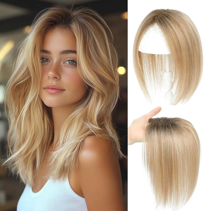 Hair Toppers for Women Real Human Hair Topper for Women with No Bangs Hairpieces Comfortable and Breathable 10 Inch Swiss Base 3D 360°Cover (Medium Brown to Creamy lced Blond, 10 Inch-3D-Side)