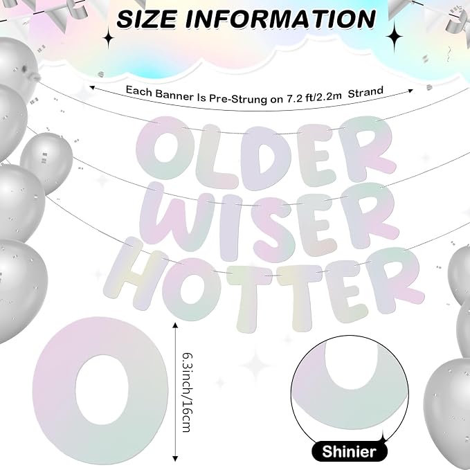 Fulmoon Set of 3 Pre Strung Older Wiser Hotter Glitter Banner Funny Birthday - Image 2