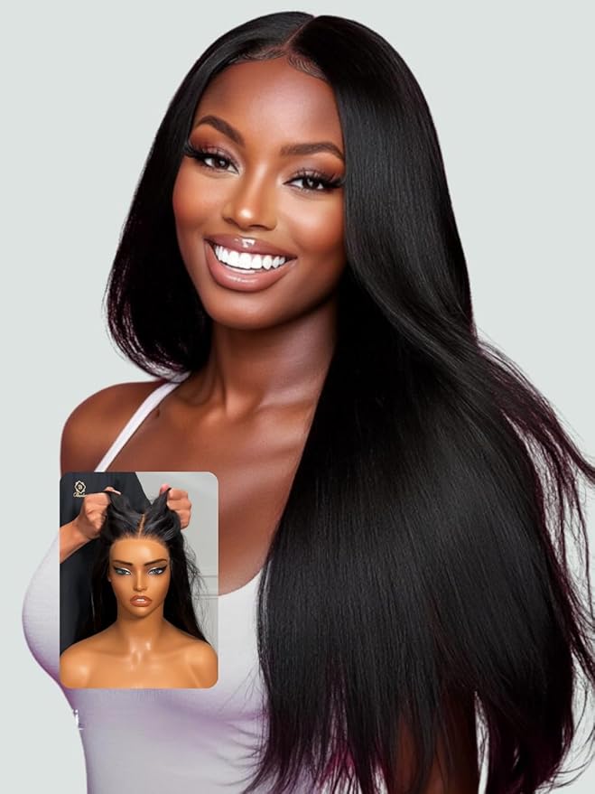 YIROO No Slip 7x5 Bye Bye Knots Yaki Straight Lace Front Glueless Drawstring Wig Human Hair with Deep Stretch Cap Fits All Head Sizes,Pre-Plucked Pre-Cut Wear and Go Wig for Women 150% Density 18Inch